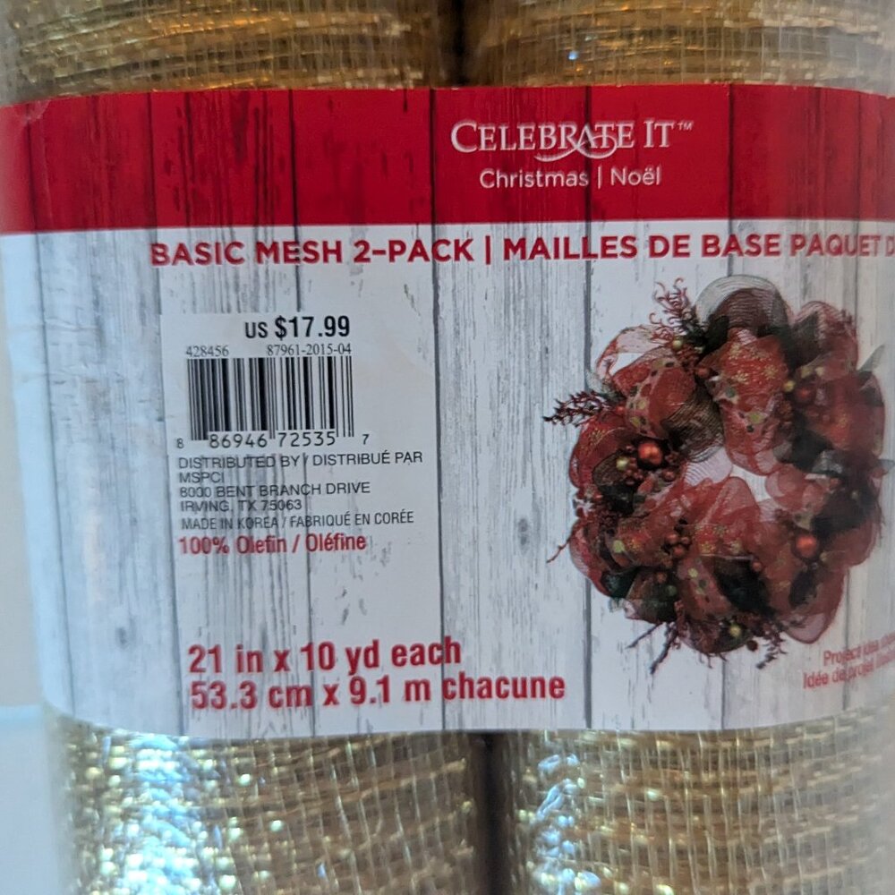 NWT 2 Large Gold Mesh Christmas Wreath Rolls Holiday Crafts Decor Celebrate It